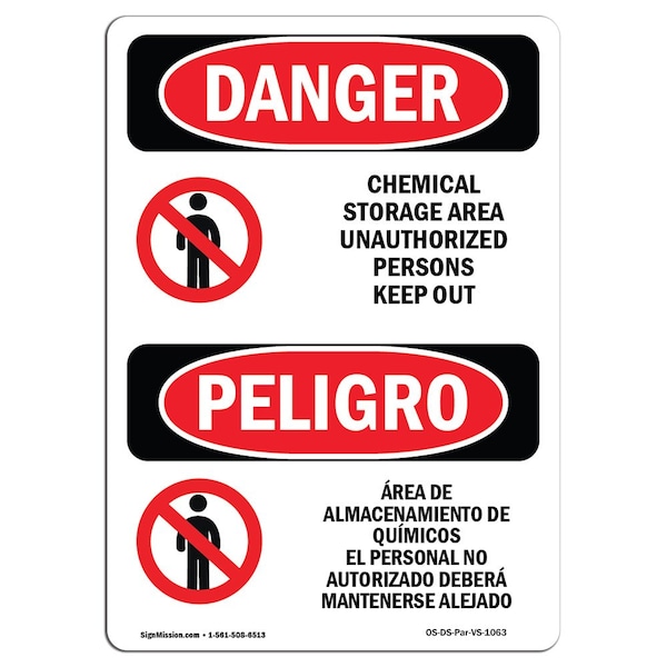 Safety Sign, OSHA Danger, 5" Height, Chemical Storage Area Keep Out Bilingual Spanish, 10PK
